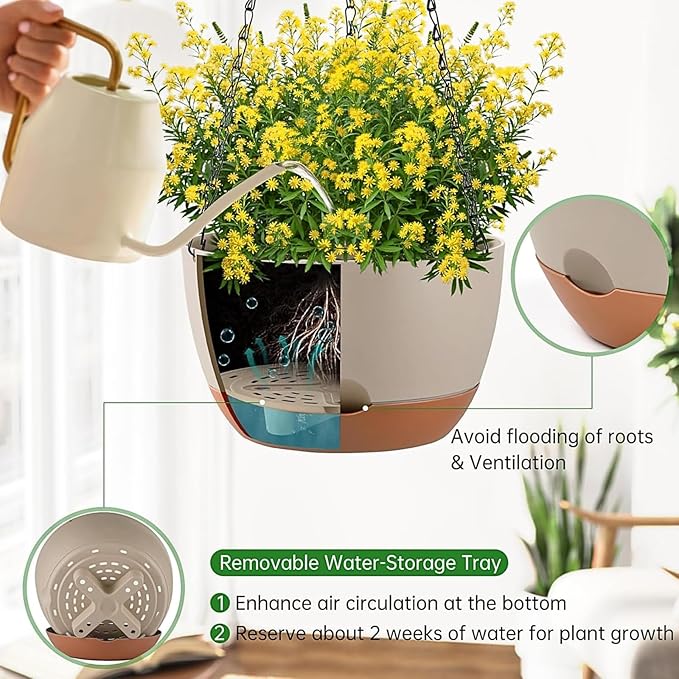 Set of 2 Hanging Planters for Indoor Outdoor Plants, 10 Inch Self-Watering Hanging Flower Pots with Drainage Hole & Removable Water-Storage Tray (Hooks)