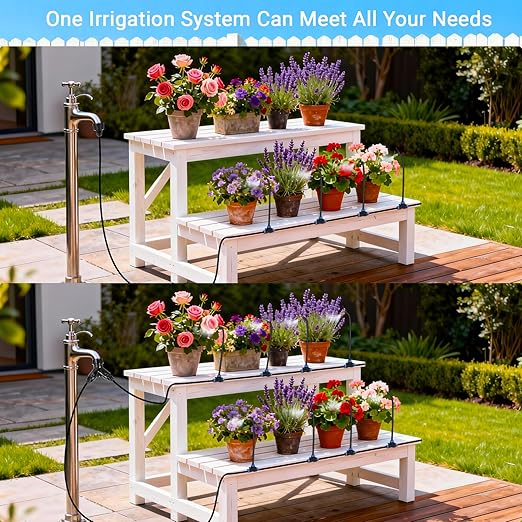 100FT 360° Adjustable Drip Irrigation Kit – 1/4" Tubing with 18 Nozzles, Full-Circle Spray for Greenhouse, Vegetable Garden & Potted Plants, Water-Saving DIY Irrigation System