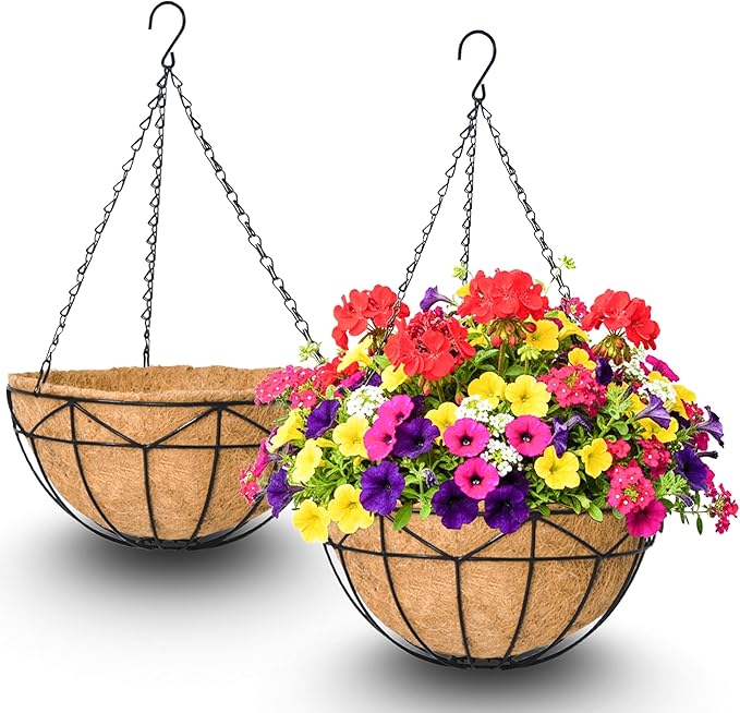 2 Pack 12 Inch Hanging Baskets for Plants Outdoor Metal Hanging Planters Round Hanging Flower Pots with Coco Coir Liner Plant Holder for Outdoor Patio Garden Balcony Decor - Geometric