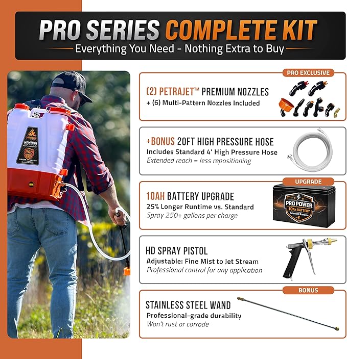 PetraTools Battery Powered Backpack Sprayer 4 Gallon - 8 Hours Long Battery Life & Padded Straps for Comfort - HD4000 Electric Backpack Garden Sprayer with 9 Spray Nozzles (HD4000 Pro Series)