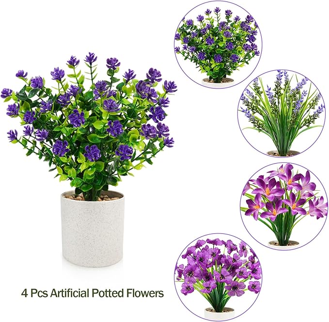 4 Pack Artificial Flowers in Pots, Mini Fake Potted Plants Small Faux Flowers for Indoor Decor, Purple Spring Tabletop Centerpieces for Bathroom Office Desk Shelf