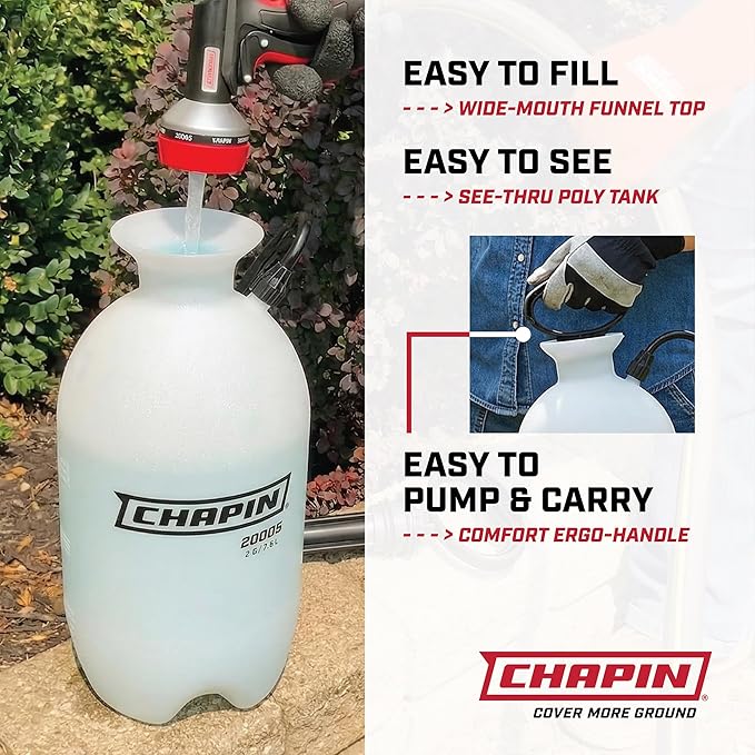 Chapin 20005 Pump Sprayer, 2‑Gallon, Lawn & Garden, Translucent Poly Tank, Funnel‑Top, SureSpray Anti‑Clog Filter, Adjustable Cone Nozzle & 34" Hose for Fertilizer, Weed & Pest Application