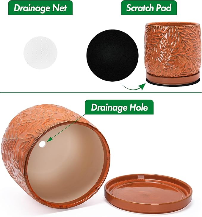 D'vine Dev 8 Inch Embossed Leaves Stoneware Planter Pot with Drainage Hole and Saucer, Pumpkin, 27-A-Q-J