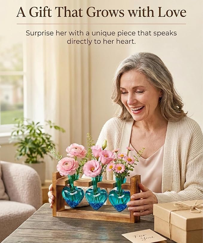 Nacome Plant Terrarium Propagation Stations: Mothers Day Gifts for Mom Plant Lovers Women Wife Daughter - 3 Bulb Glass Vases with Wooden Stand Tabletop for Hydroponics Home Garden Decor