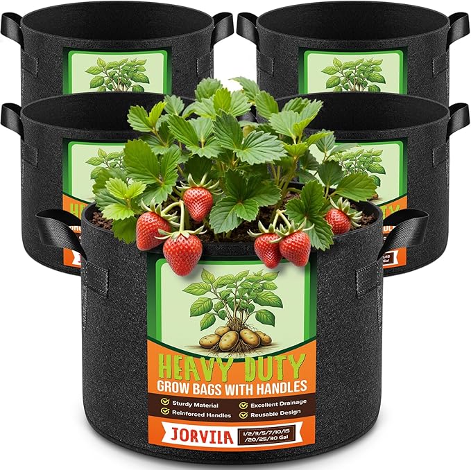Jorvila 5 Pack 7 Gallon Grow Bags, Thickened Nonwoven Fabric Planter Pots with Handles, Heavy Duty 300G Garden Pots for Tomato, Potato and Vegetable
