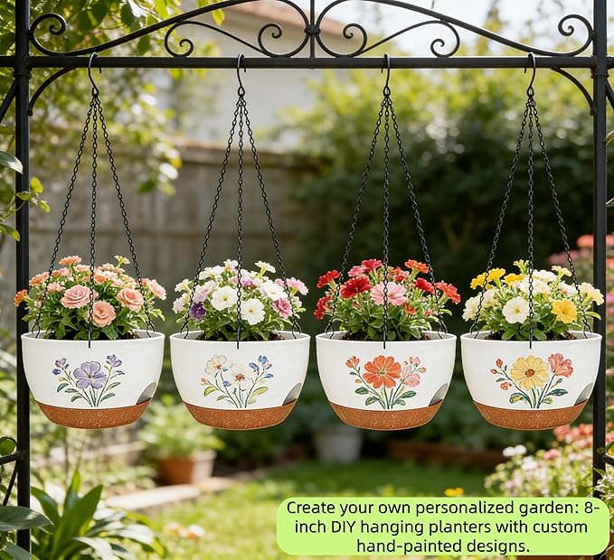 Set of 4-8 Inch Self Watering Hanging Planters for Indoor Outdoor，Hanging Plant Pots with Drainage & Removable Tray, Hanging Pots Holder for Ivy, Pothos, Ferns, Balcony & Patio, White Brown