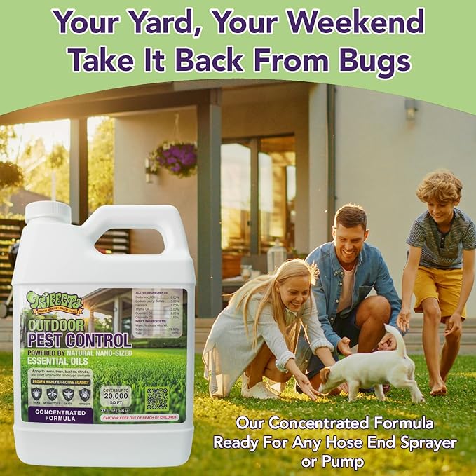Trifecta Natural Outdoor Pest Control Yard Spray with Essential Oils | Mosquito, Ant, Flea, Tick, Gnat Killer on Contact & Repellent Treatment for Insects Bugs | Safe Around Kids & Pets | 32oz Conc