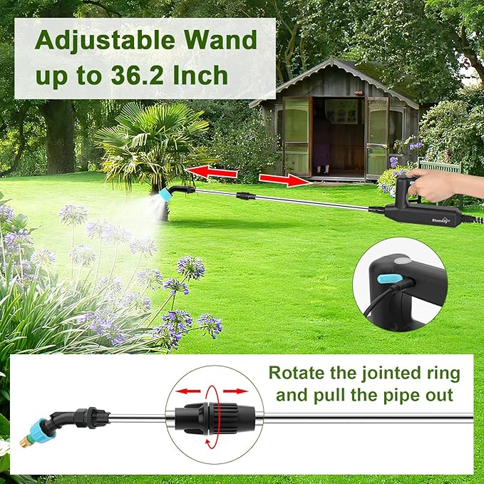 BlumWay Battery Powered Sprayer 2.5 Gallon, 7.4V Powerful Electric Sprayer with 5 Mist Nozzles, Rechargeable Handle, Retractable Wand,Adjustable Shoulder Strap for Lawn,Garden