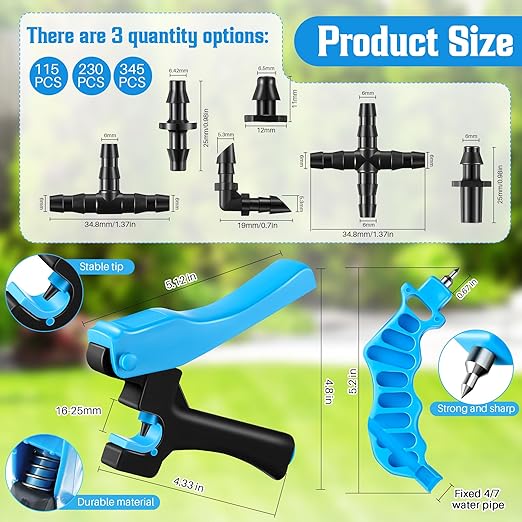 Feekoon Drip Irrigation Punch Hole Tubing Cutter Tools with Barbed Connectors, 2-in-1 Drip Tubing Hole Punch for 1/4 Inch Fitting 16 20 25 mm PE Pipe and Emitter(Blue,345 Irrigation Plugs)