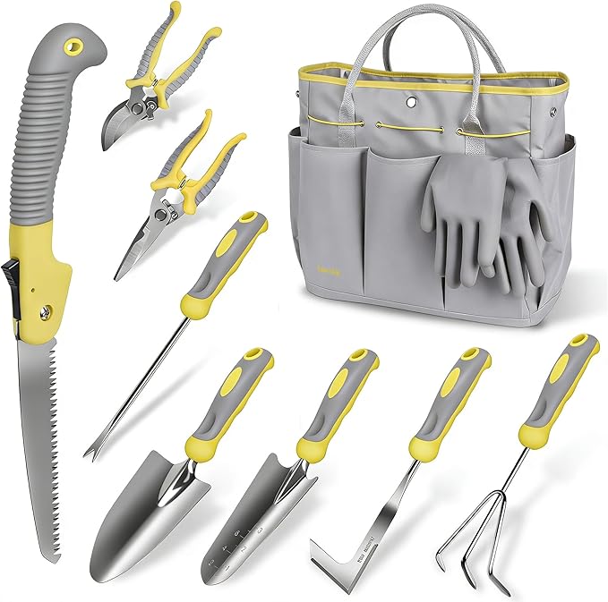Garden Tool Set, Carsolt 10 Piece Stainless Steel Heavy Duty Gardening Tool Set for Digging Planting Pruning Gardening Kit with Durable Bag Gloves Gift Box Ideal Garden Gifts for Women Men