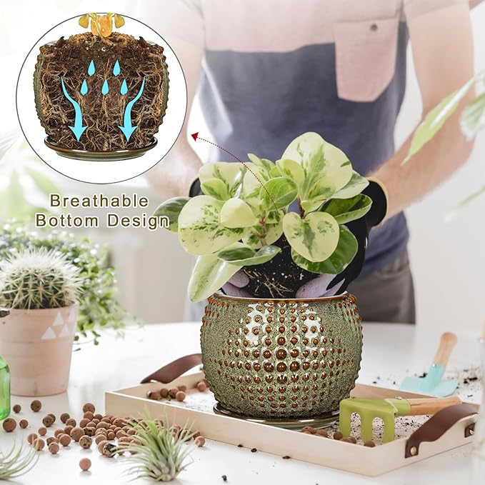 Oairse Ceramic Pot for Indoor Plants, 7 inch Plant Pot with Drainage Hole and Saucer Decorative Brown Planter with Saucer Indoor Outdoor Flower Pots for Succulent Snake Plant Pothos Orchid