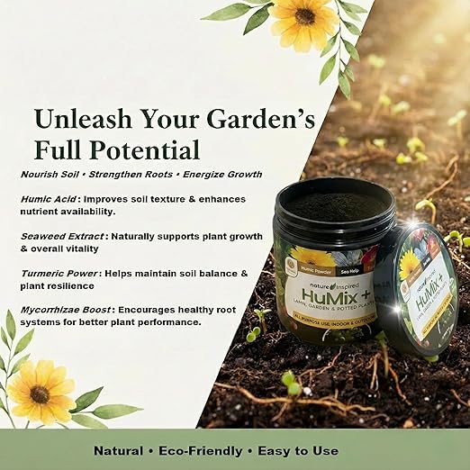 HuMix+ Humic Powder with Turmeric & Seaweed Extract – Natural Soil Conditioner & Root Booster for Lawns, Vegetables, Flowers & Houseplants – Garden Plant Food
