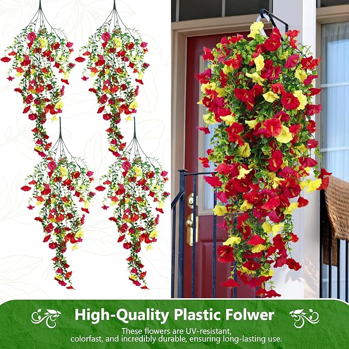 4-Pack Fake Hanging Plants, Faux Hanging Plant Artificial Greenery for Living Room Bedroom Boho Wall Shelf Indoor Outdoor Decor (Purple Pink Yellow Red Morning Glory)