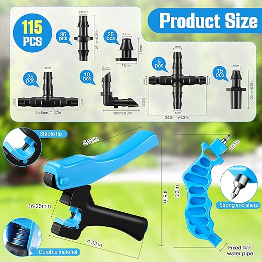 Feekoon Drip Irrigation Punch Hole Tubing Cutter Tools with Barbed Connectors, 2-in-1 Drip Tubing Hole Punch for 1/4 Inch Fitting 16 20 25 mm PE Pipe and Emitter(Blue,115 Irrigation Plugs)