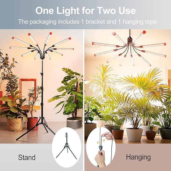 FECiDA Gamechanger! 90 Watt Power Draw, NO Need Adapter, 10Head Grow Light with Tripod Stand, 2026 Big Coverage LED Grow Lights for Indoor Tall Plants, Bonsai Tree, 4/8/12/16/20H Timer