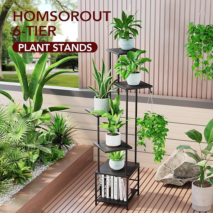 Homsorout Plant Stand Indoor with Grow Light, 6-Tiered Tall Plant Stand Indoor, Metal Plant Shelf with Hanging Basket Hook and Adjustable Light, Ideal for Living Room, Garden, Patio, Black