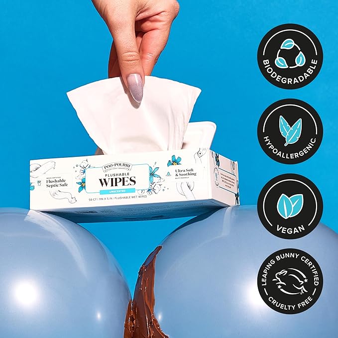 Poo~Pourri Unscented Flushable Wipes - Made with Plant Based Fibers, Aloe, Vitamin E, Chamomile, and Oat Extract - Adult Wet Wipes - 50 count Dispenser Box - Sewer & Septic Safe - Sensitive Skin Safe