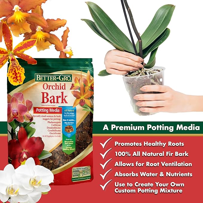 Better-Gro Orchid Bark - Premium Grade Orchid Potting Medium for Potting, Repotting, Root Development, and Water Retention, Ideal for Phalaenopsis, Epiphytic Orchids, and Tropical Plants - 4 Quarts