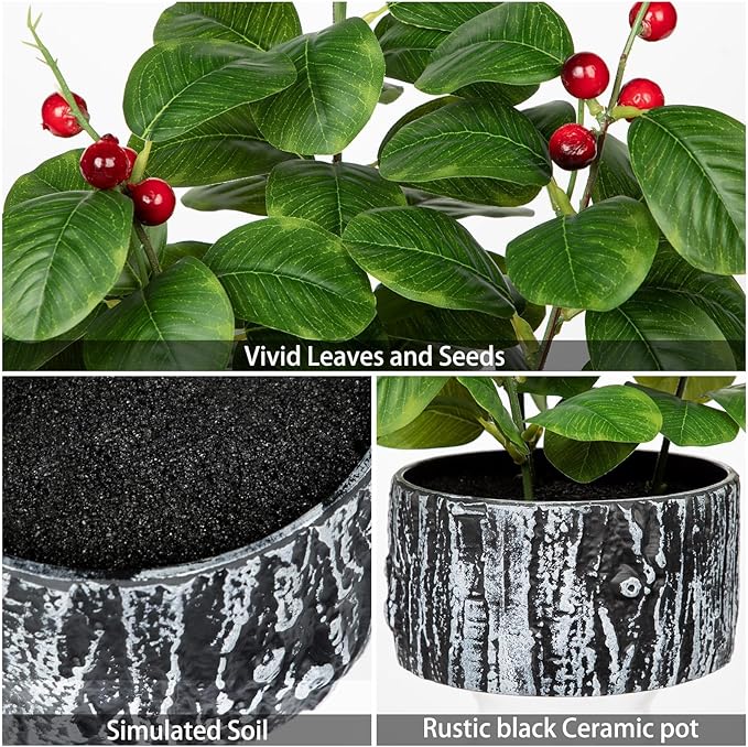GnFlus Artificial Plants Decor Greenery Fake Ficus Leaf with Red Seeds Indoor Potted 14" Fake Plant in Rustic Black Ceramic Planter for Farmhouse Room Christmas Kitchen Office Table Desk Decor