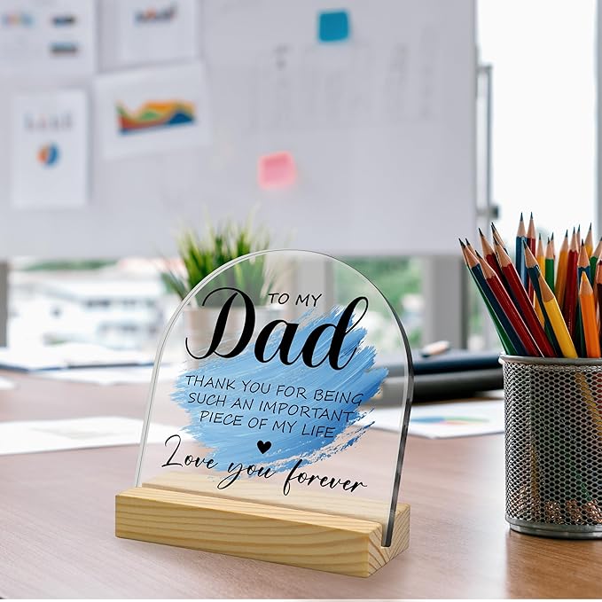 To My Dad Blue Arched Acrylic Sign with Wooden Stand – Heartfelt Birthday & Father’s Day Gifts for Dad from Daughter & Son, Meaningful Keepsake for Stepdad & Father-in-Law, Desk & Home Decor