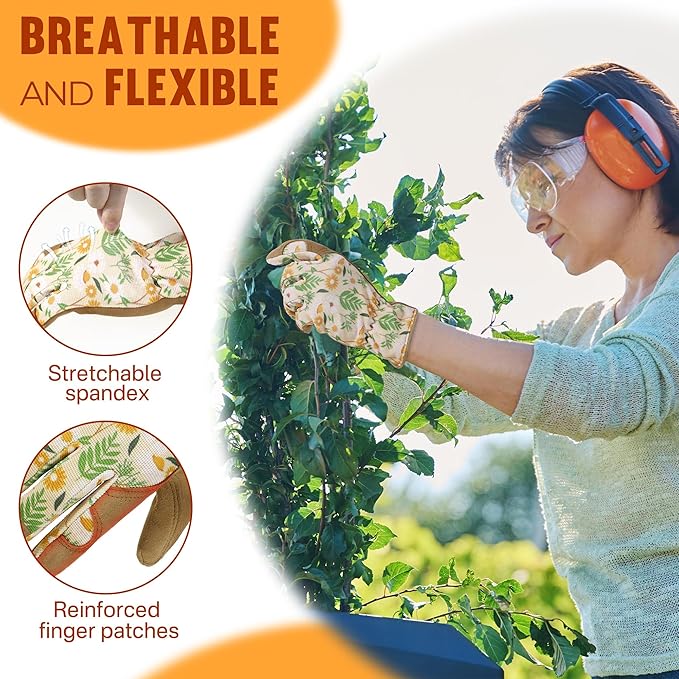 HANDLANDY Work Gloves for Women, Breathable Leather Gardening Glove for Yard Maintenance, Hand Protection with Touch Screen