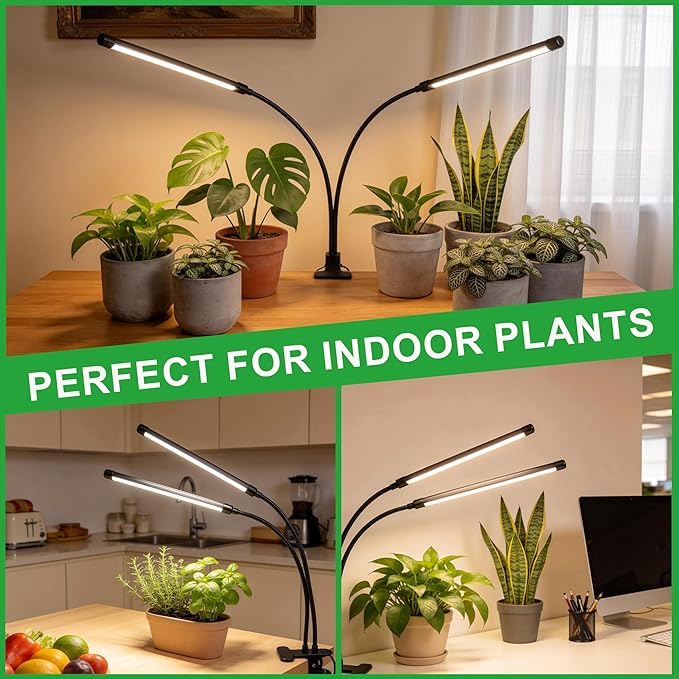 Dual Head Grow Lights for Indoor Plants, 40 LED Full Spectrum Plant Light with Clip & UL-Certified Adapter, 3 Light Modes & 5-Level Dimmable, 4/8/12H Auto Timer for Seedling, Succulents