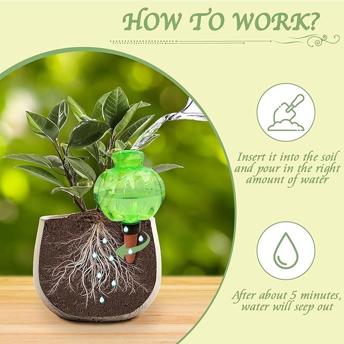 Self Watering Spikes 2 Pack, 16.9oz Large Capacity Plant Watering Globes, Up to 2 Weeks Automatic Watering, Terracotta Irrigation Device for Indoor Plants (Green Lantern Design)