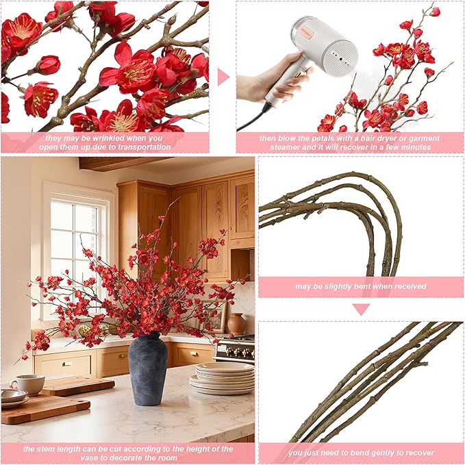 florisso 6 PCS Artificial Cherry Blossom Branches Spring Indoor Decoration, Faux Red Flowers 34.45" Long Stems Fake Plum Peach Plants Real Touch Silk for Wedding Home Bedroom Party Table Office