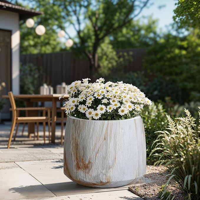 LuxenHome Planters for Indoor Plants, Set of 2 Outdoor Plant Pots with Drainage Hole, Flower Pots for Plants, Rustic Wood Grain Texture Round Tapered Concrete Planter Pots for Home Garden Patio