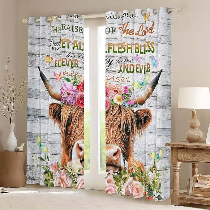 Feelyou Highland Cow Curtains Rose Highland Cattle Window Curtains Bedroom Living Room Kids Room Decor Boys Girls Bull Cattle Window Drapes Botanical Floral Window Treatments 42W X 63L，2 Panels