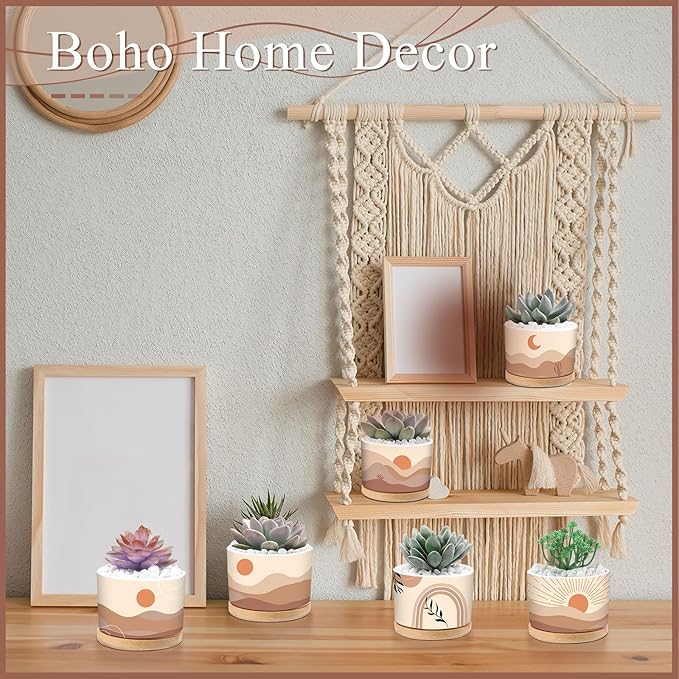 Qinyoung 6 Sets Boho Plant Pots Succulent Pot Modern Sun Ceramic Flower Planter Pot with Bamboo Tray for Indoor Plants, Aloe, Cactus, Home Office Decor