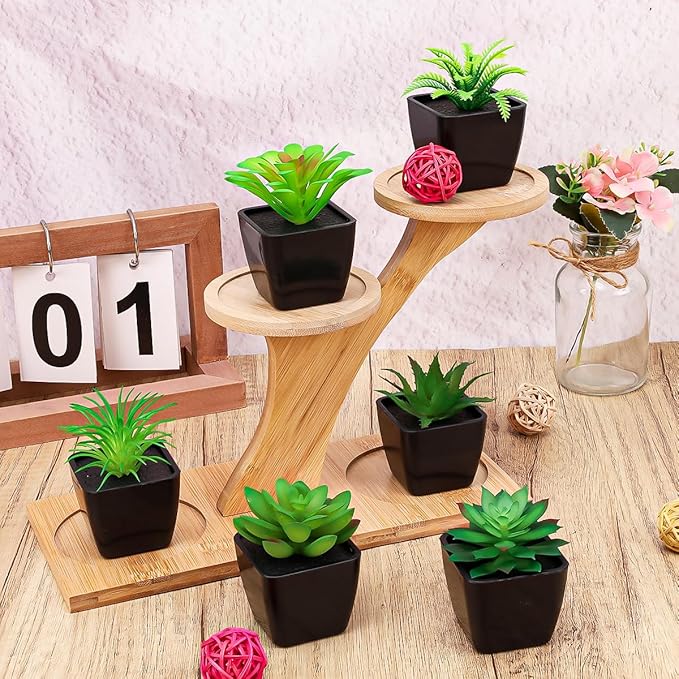 6 Pack Artificial Succulents Plants Potted Small Fake Greenery Plant Realistic in Black Pots for Office Desk Halloween Decorations Bedroom Living Room Shelf Bathroom Decor