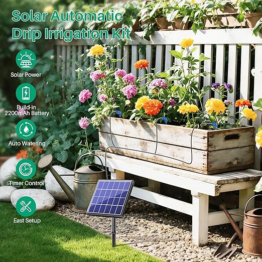 NFESOLAR 4W Solar Automatic Drip Irrigation Kit with LCD Timer, Customizable Watering Duration 1–30min & Interval 3h–7d, Anti-Siphoning Device for Potted Plants, Balcony, Garden, Patio, Vacation