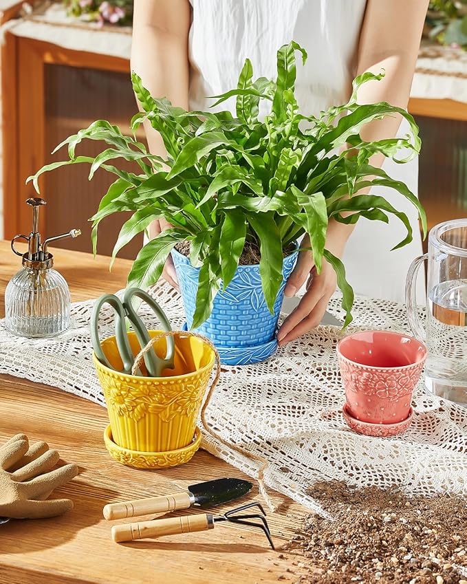 Metahom Ceramic Plant Pots, 3.8+4.9+5.8 Inch, Set of 3 Flower Pots with Drainage Hole & Saucer, Embossed Planter Pots for House Plants, Home Decor, Set of 4, Assorted Colors