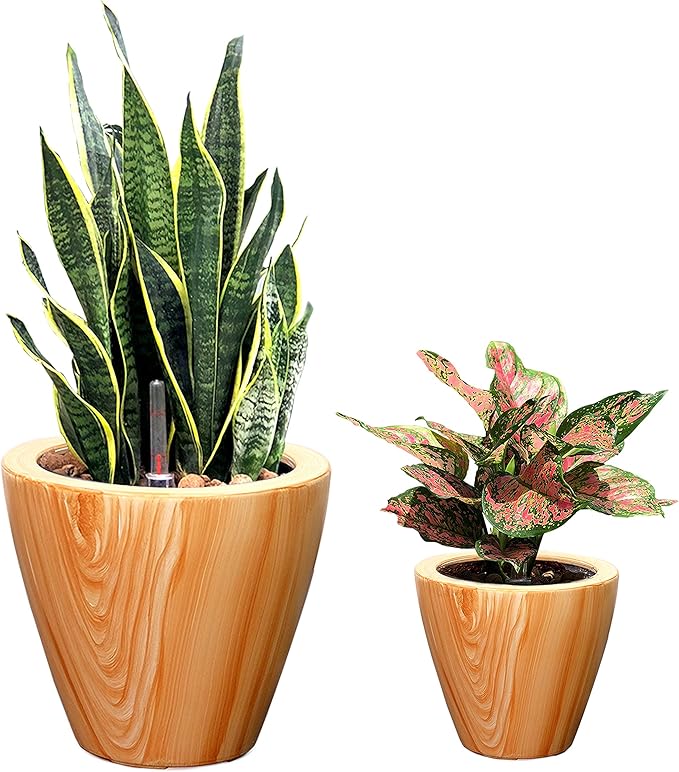 Set of 2, Smart Self-Watering Planters for Indoor and Outdoor - Round, Imitation Pine