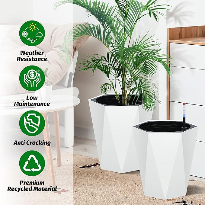GarveeLife 16 Inch Tall Planters Set of 2, Outdoor Planters Self Watering Plant Pots with Water Level Monitor, Multiple Drainage Holes, Flower Pots for Patio, Porch, Living Room, or Home Office, White