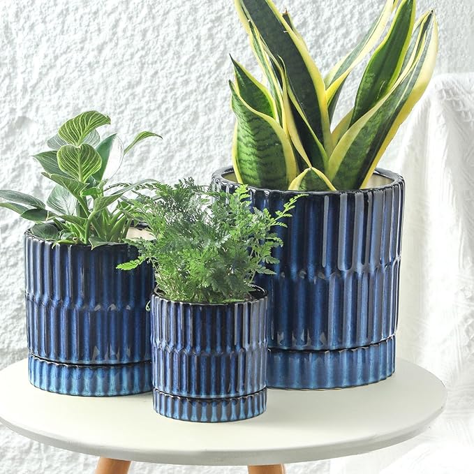 HASENSE Ceramic Plant Pots Set of 3 (8+6+4.6 Inch), Flower Planters with Drainage Hole and Saucer, Indoor Planter Pots for Succulents, Herbs, Ideal for Home Office Desktop Garden Decor(Blue)