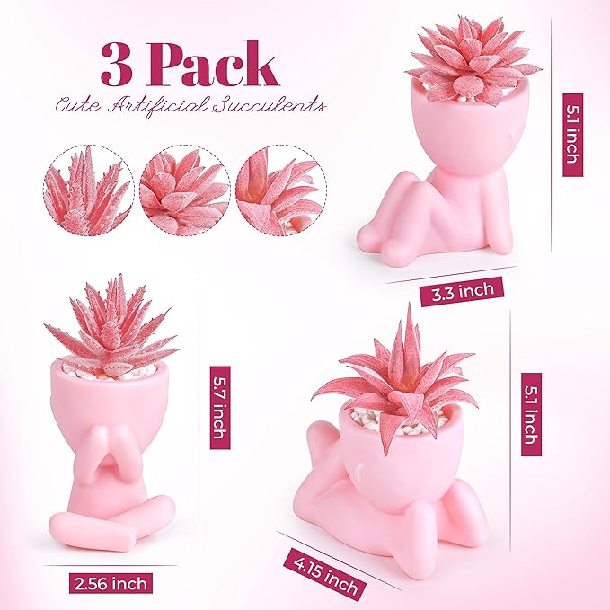 Der Rose Pink Artificial Succulents Plants Set of 3 Fake Artificial Plants Office Desk Accessories for Pink Room Bathroom Shelf Decor