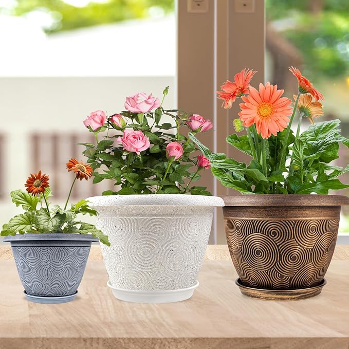 Fodetyff 16 Inch Large Planter Pot for Plants Indoor Outdoor, 4 Pack Plastic Flower Pots with Drainage Hole & Tray, Modern Decorative Garden Pot with Saucer, Plant Container for House