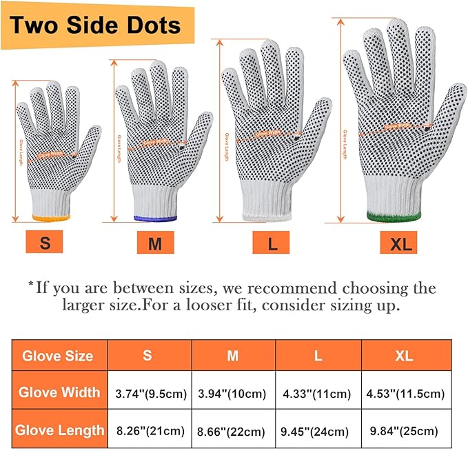 Evridwear Cotton Polyester String Knit Shell Safety Protection Work Gloves for Painter Mechanic Industrial Warehouse Gardening Construction Men & Women 12 Pairs, With Two Side dots, M Size