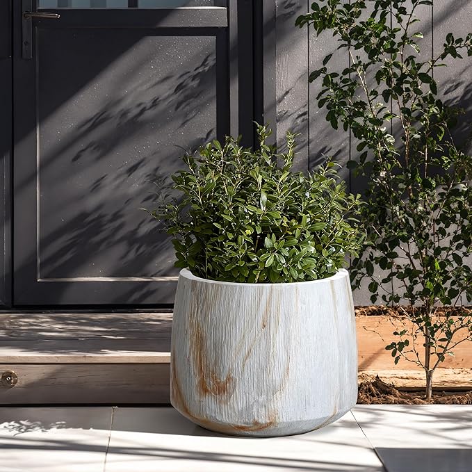 LuxenHome Planters for Indoor Plants, Set of 2 Outdoor Plant Pots with Drainage Hole, Flower Pots for Plants, Rustic Wood Grain Texture Round Tapered Concrete Planter Pots for Home Garden Patio
