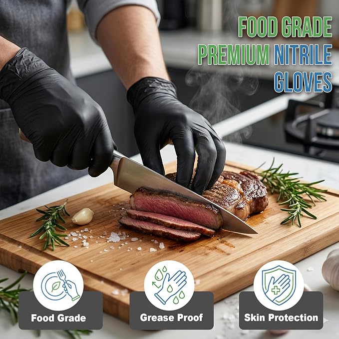 Nitrile Food Grade Gloves with 5 Individually Wrapped Pairs, Ideal for Large Catering, Food Processing, Chef Exclusive, Tear-Resistant, Puncture-Proof, Black Food Gloves, Top-Tier Protection