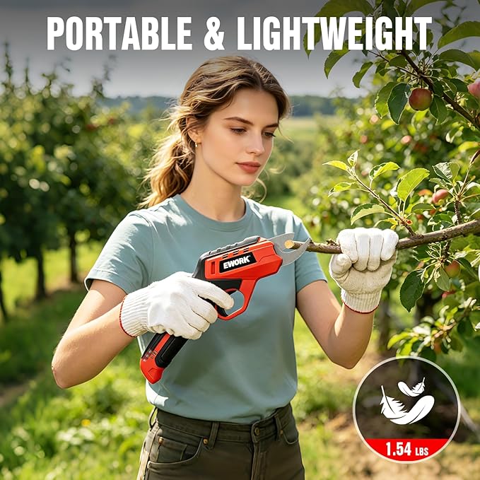 EWORK Cordless Electric Pruning Shears 4.2V Rechargeable 4000mAh Battery, 0.7 Inch Cutting Diameter, 2 SK5 Blades Tool-Free Replacement, Handheld Pruner for Garden Tree Branch Trimming