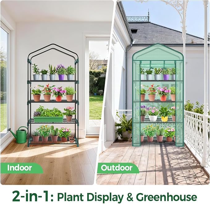 Ohuhu Mini Greenhouse for Indoor Outdoor, Small Plastic Plant Green House 4-Tier Rack Stand Portable Greenhouses with Durable PE Cover for Seedling, 2.5x1.6x5.2 FT, Ideal Gardening Gifts for Women Men
