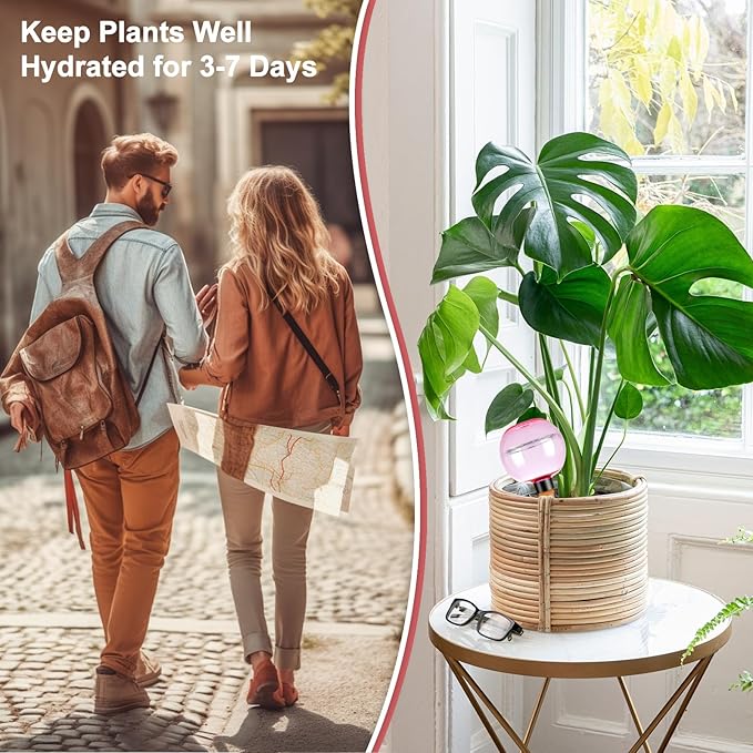4 Pack Self Watering Globes 17oz Large Plant Watering Globes Top Fill, Self Water Planter Insert Indoor/Outdoor Plastic Water Bulbs Slow Release Terracotta for Plants, Pink