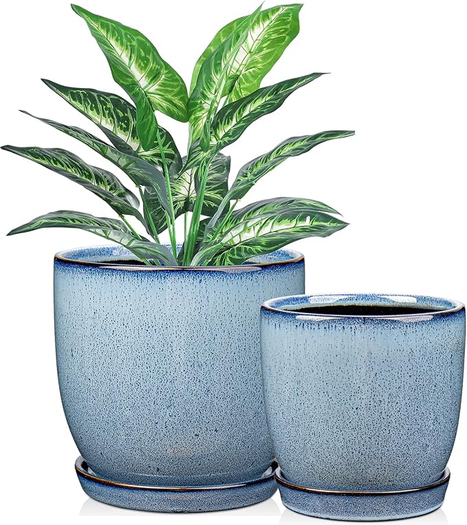 GnFlus Ceramic Plant Pots 6 Inch + 5 Inch Set of 2, Flower Plants Pot with Drainage Holes and Saucers Tray Blue Planter Garden Pot for Succulent Cactus Home Decoration Gift Indoor Outdoor