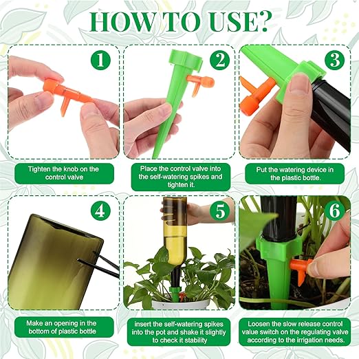 SiliFine 8 Set Plant Watering Devices with Self Watering Spikes and 26 oz Plastic Bottles Plant Waterer Devices with Adjustable Control Valve Switch Indoor Outdoor (Green)