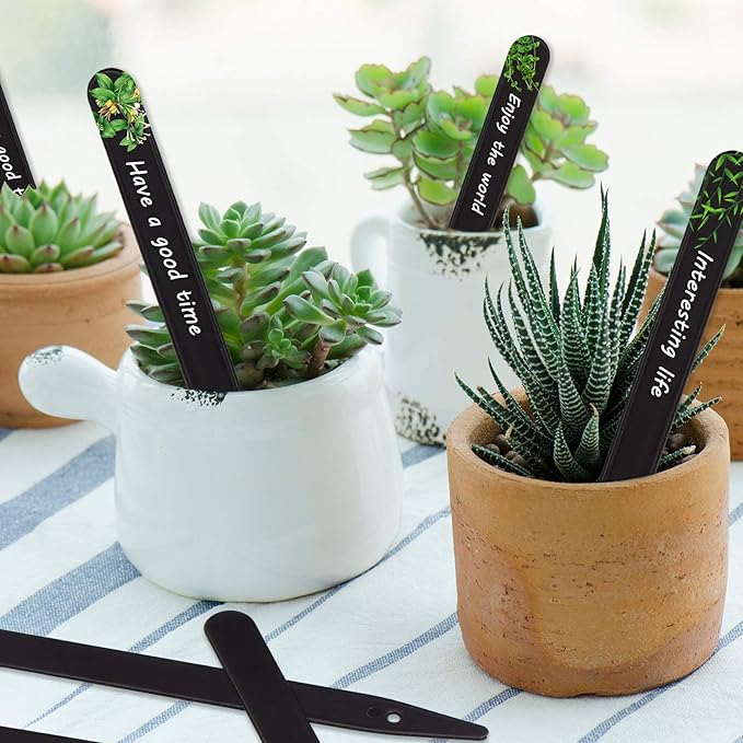 Whaline 200Pcs Thick Plastic Plant Labels Black Waterproof Garden Stake Sign Tags Garden Markers for Outdoor Seedlings Potted Flowers with 2 Marker Pen and A Roll of Twine (6 Inch)