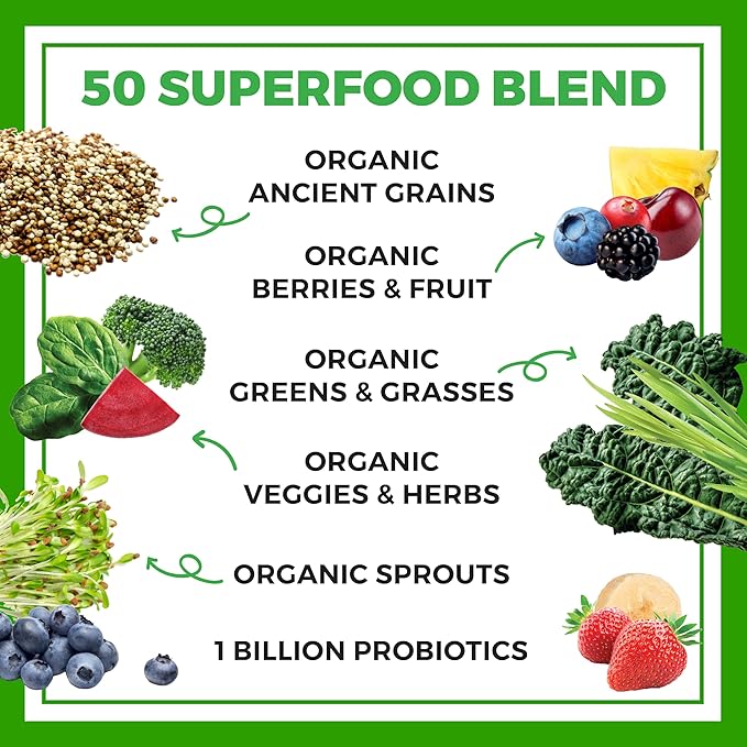 Orgain Organic Greens Powder + 50 Superfoods, Berry - 1 Billion Probiotics for Digestive Health, Antioxidants, Vegan, Plant-Based, Gluten-Free, Non-GMO, Green Juice & Smoothie Drink Mix - 0.62lb