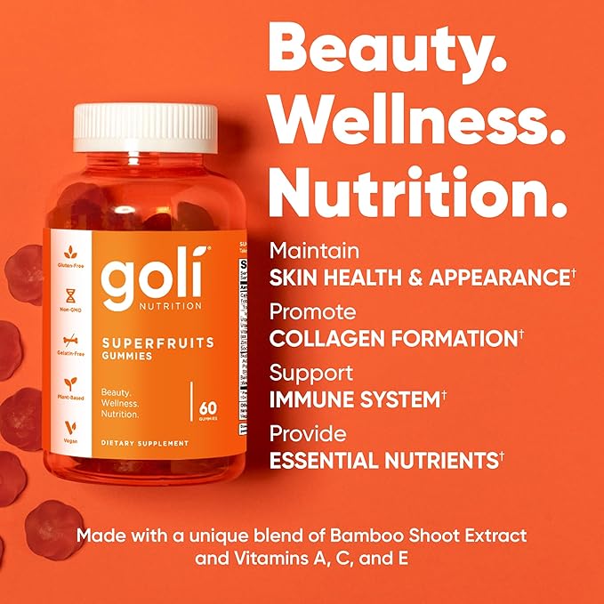 Goli Nutritional Supplement, SuperFruits Beauty Gummy Vitamin - 120 Count - Collagen-Promoting Ingredients - Mixed Fruit, Vegan, Plant-Based, Non-GMO, Gluten & Gelatin Free